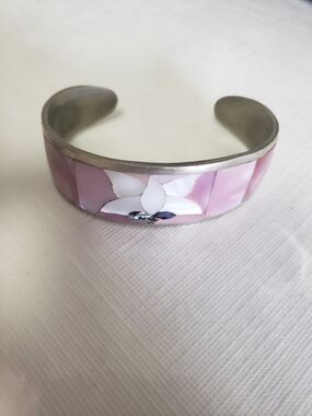 Pink Inlay Flower Cuff Bracelet - Women's Jewelry